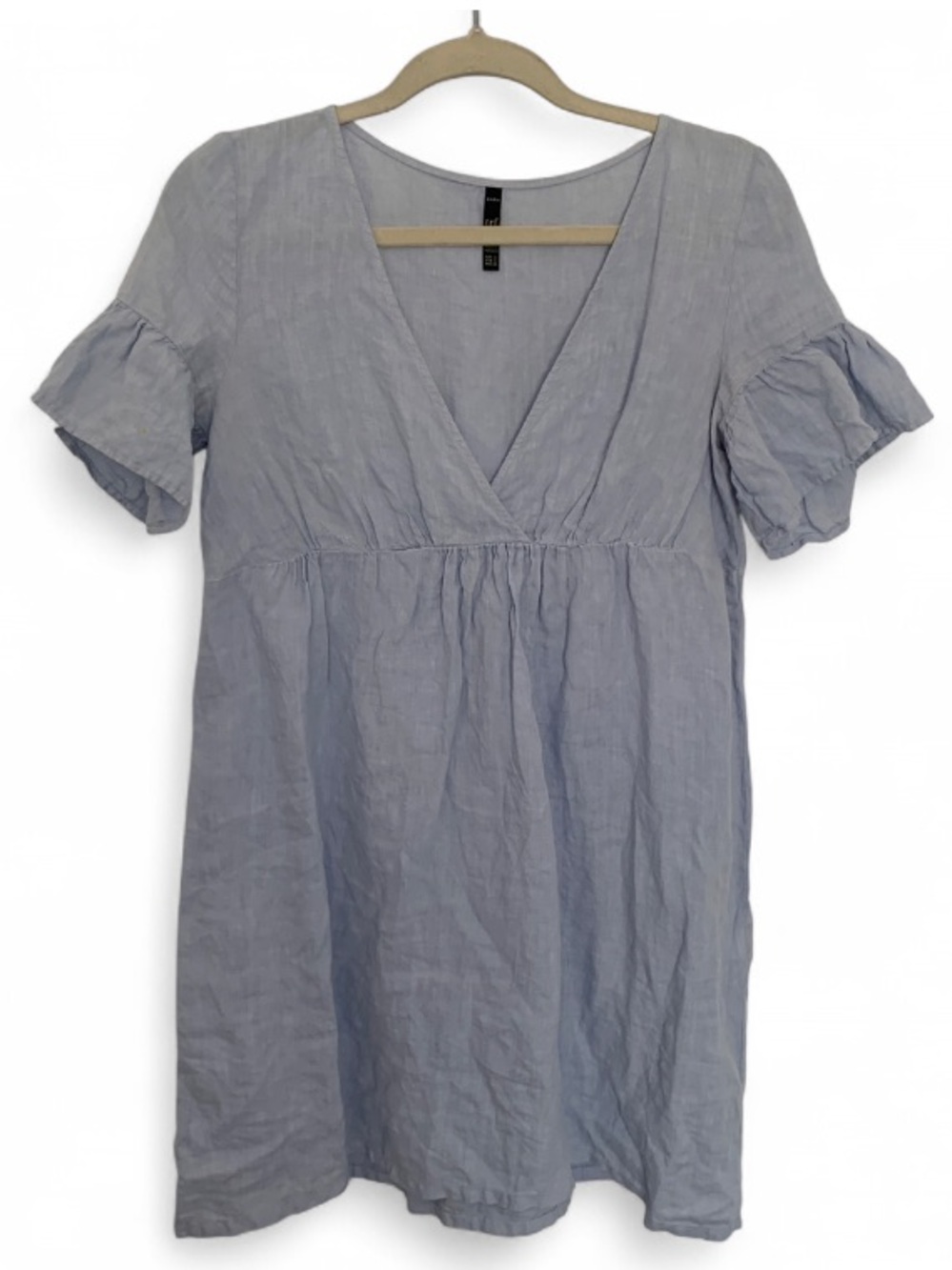Zara 100% Linen Ruffle Sleeves Light Blue V-Neck Short Sleeve Mini Dress
